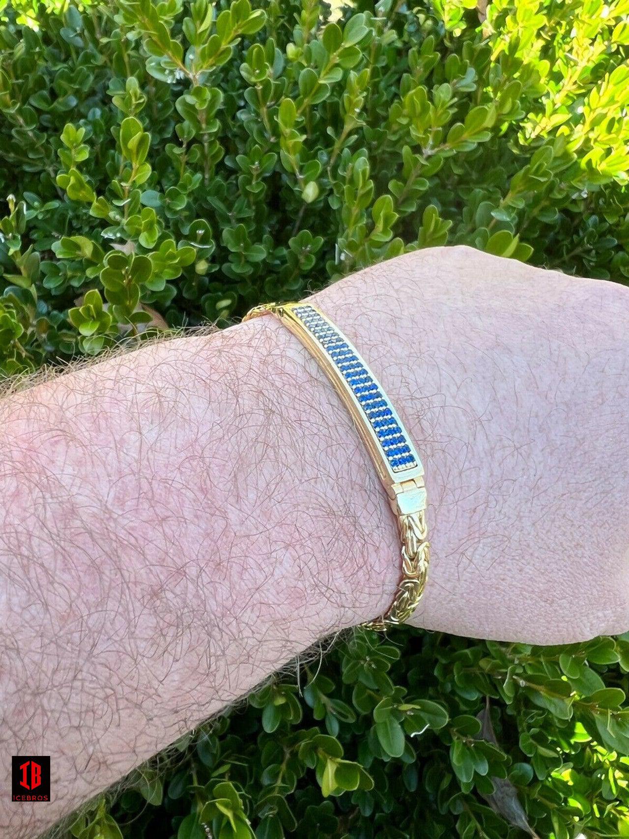 Men's Real Presidential ID Bracelet 14k Gold Vermeil Silver Iced Blue Sapphire