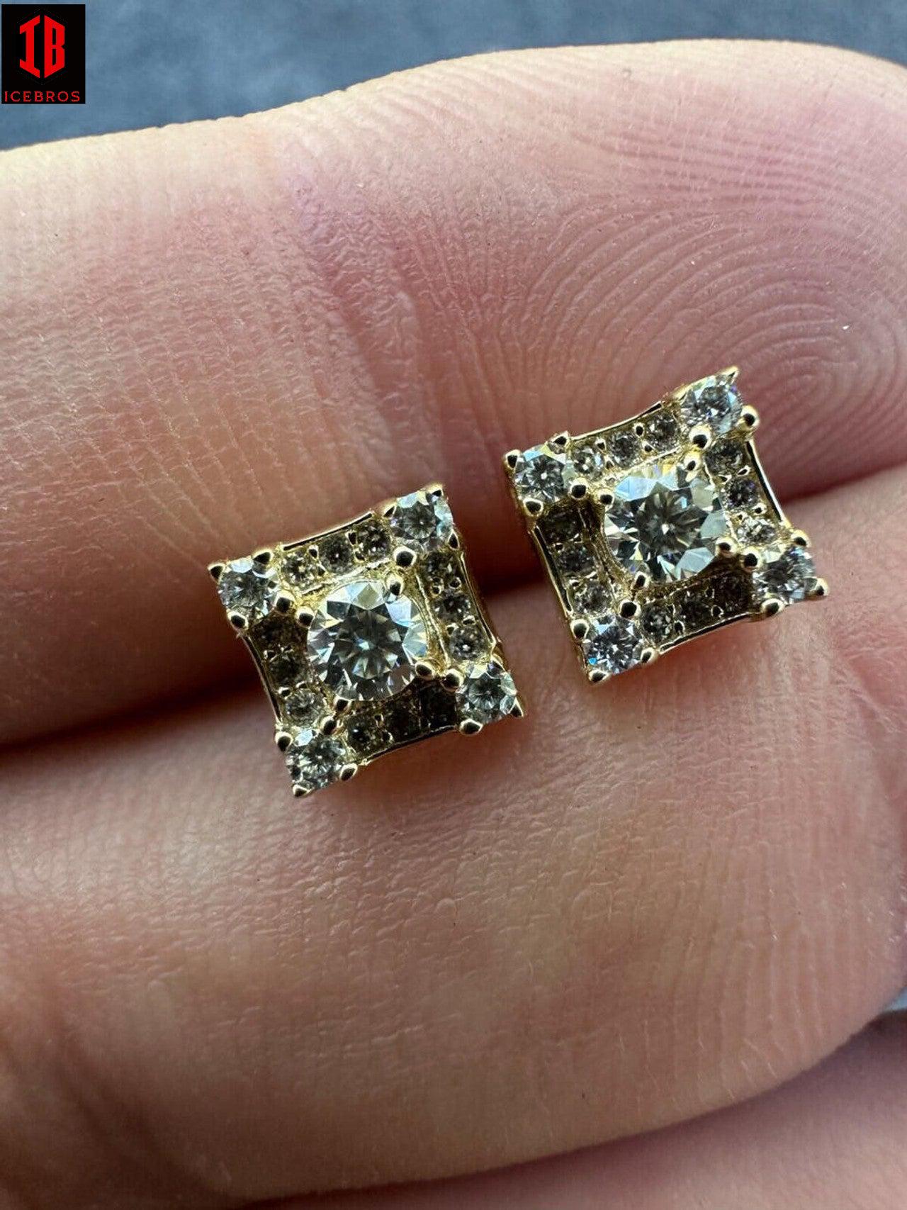 Real Solid 10k Yellow Gold Iced Kite Moissanite Earrings Mens Ladies 6.5mm Studs