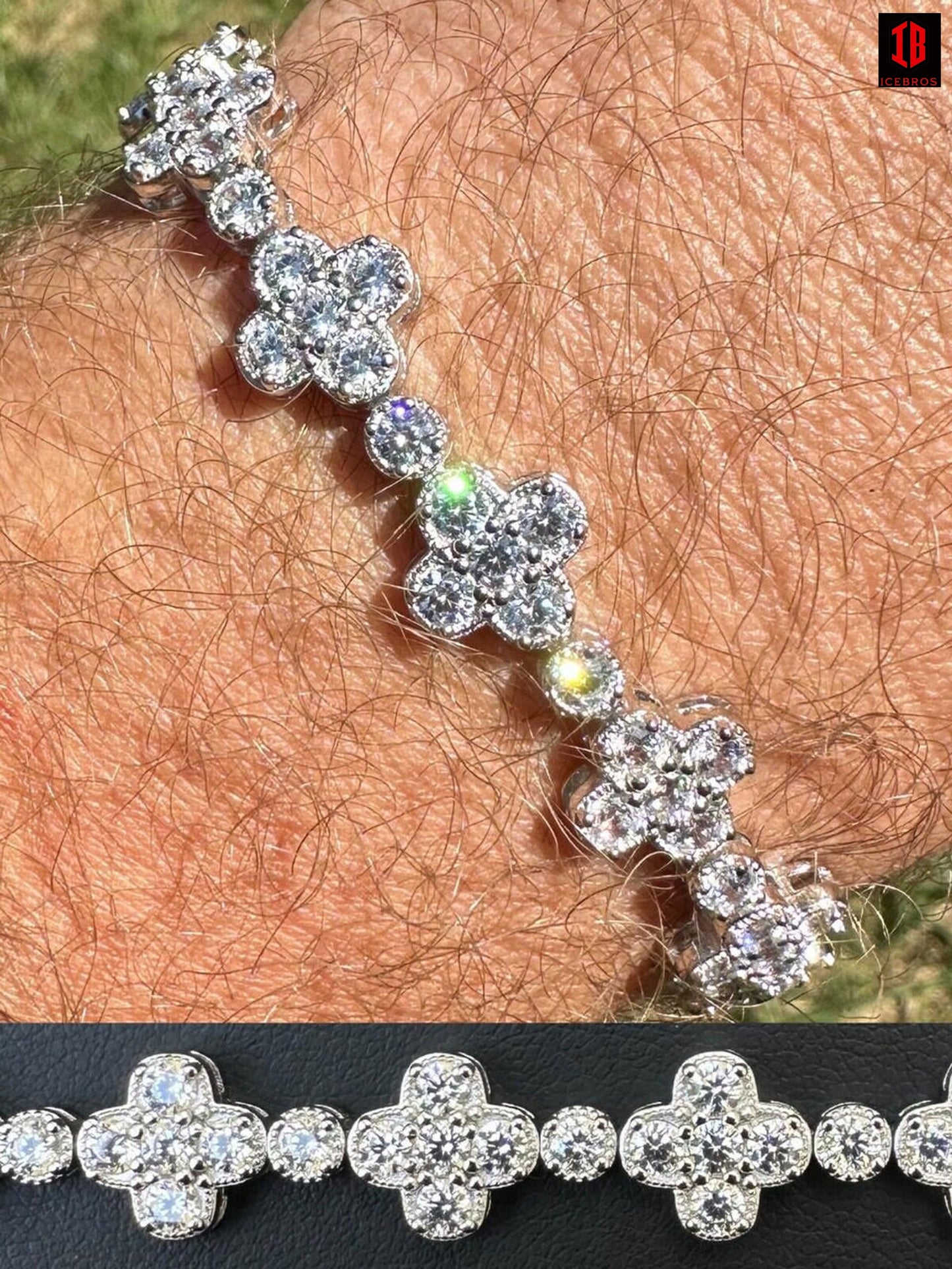 Real Solid 925 Silver 10mm Iced CZ Clover Flower Tennis Bracelet Mens Ladies