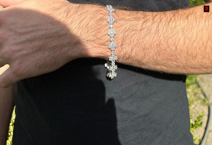 Real Solid 925 Silver 10mm Iced CZ Clover Flower Tennis Bracelet Mens Ladies