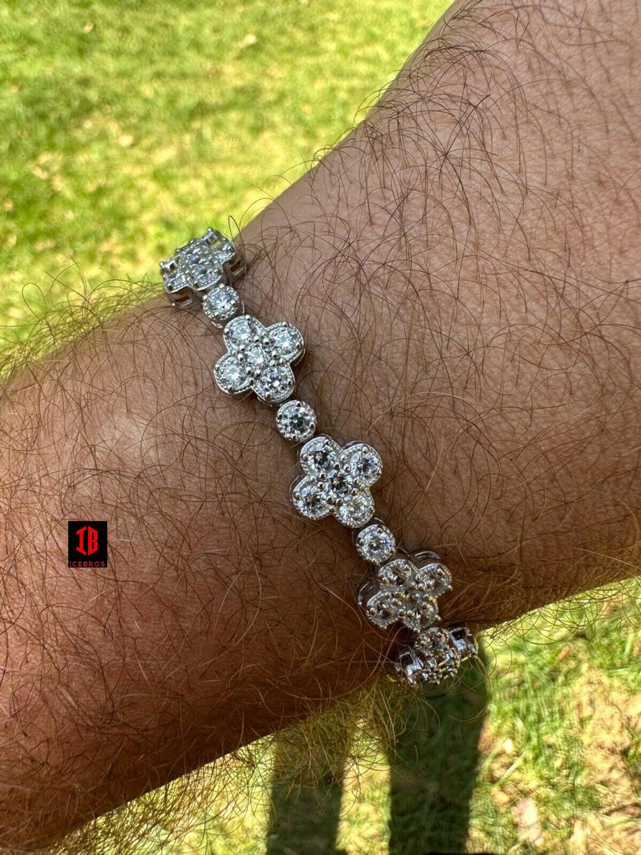 Moissanite Real 925 Silver 10mm Iced Clover Flower Tennis Bracelet Mens Ladies