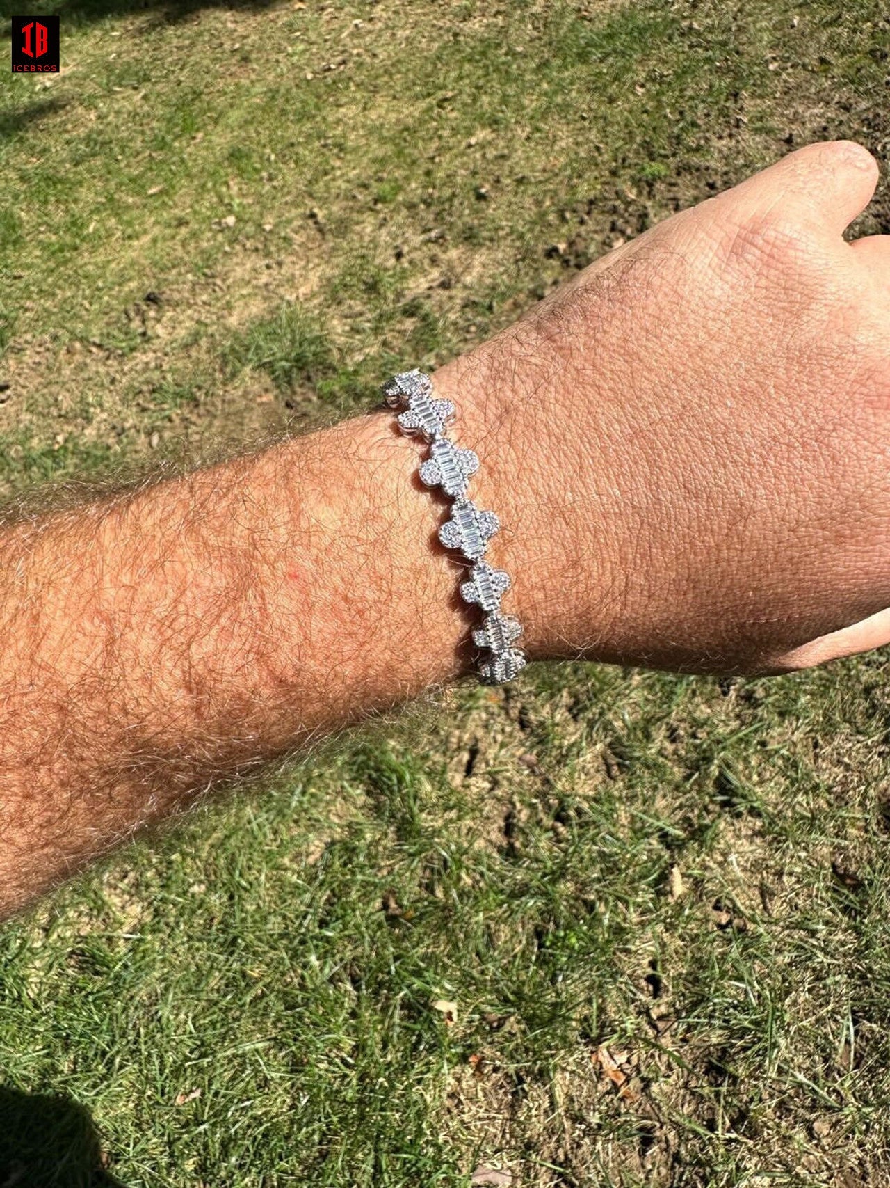 Men Showing Zoom Out View of White Gold Clover tennis Bracelet