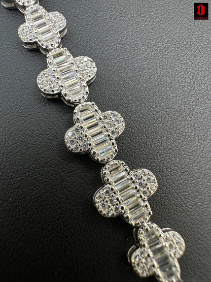 Real Solid 925 Silver 12mm Iced Baguette CZ Clover Graduated Tennis Bracelet