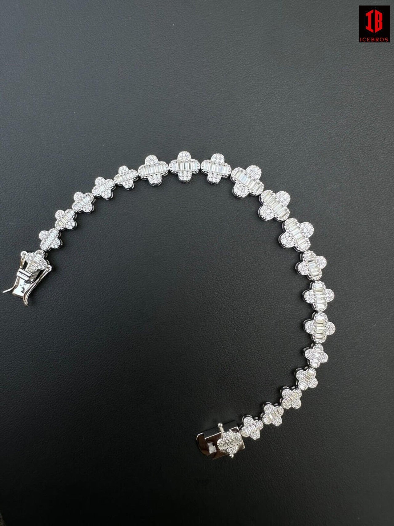 12mm White Gold Iced-out Baguette Clover Tennis Bracelet 925 Sterling Silver