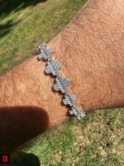 12mm White Gold Iced-out Baguette Clover Tennis Bracelet 925 Sterling Silver