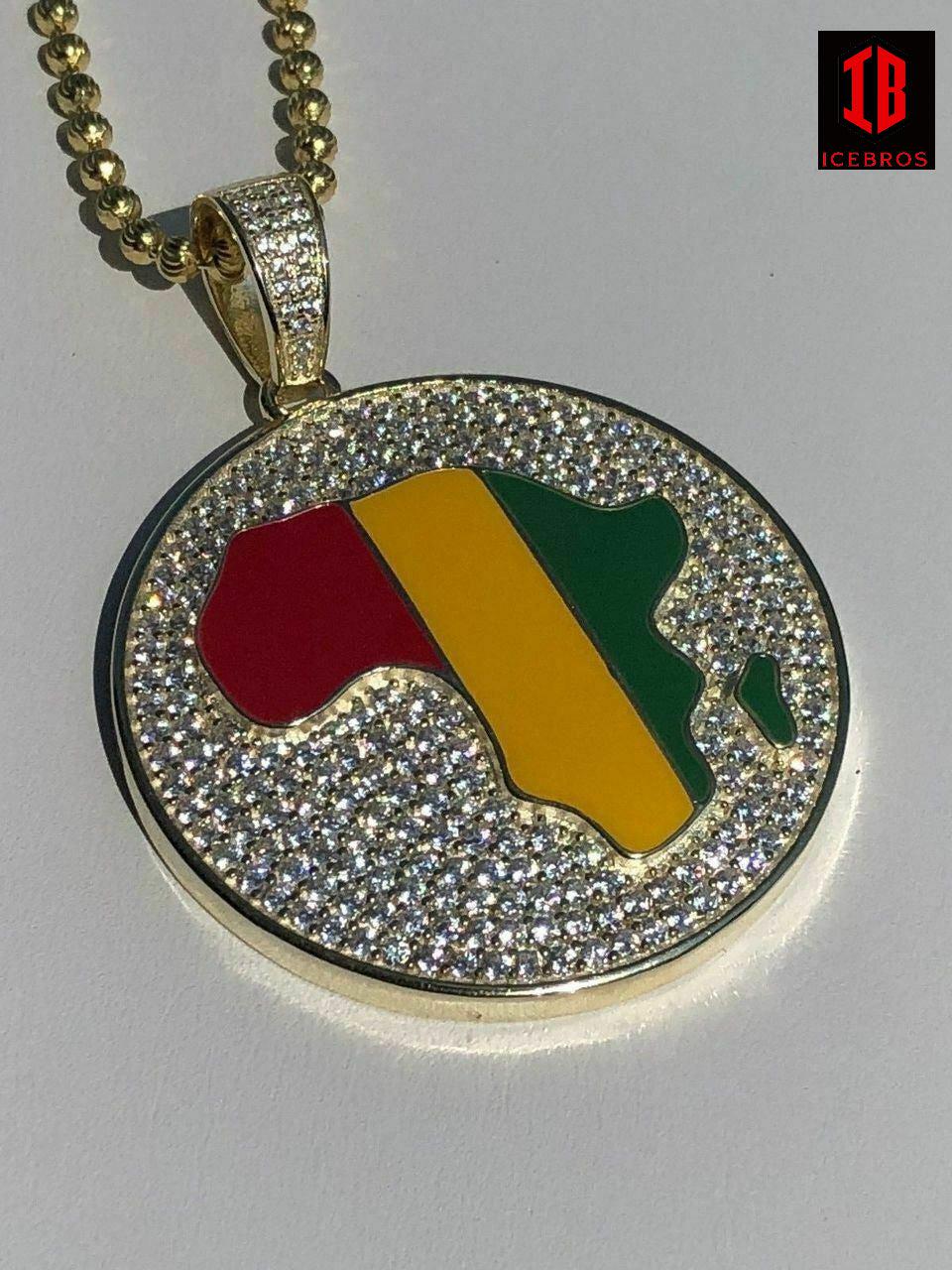 925 Silver AFRICA Map Flag Pendant Medallion 14k Gold Nigeria CZ