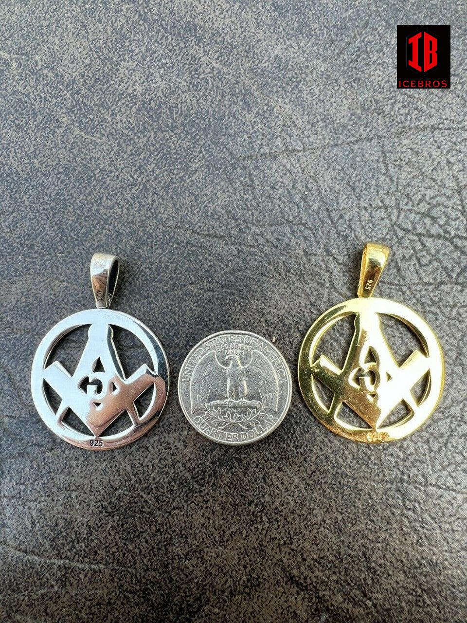 Fine 925 Silver 14K Gold Round Freemason Masonic Medallion Pendant Necklace