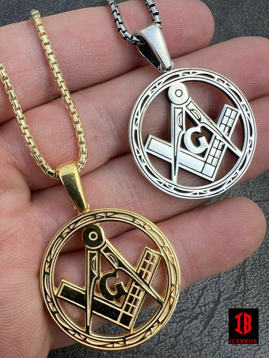 Fine 925 Silver 14K Gold Round Freemason Masonic Medallion Pendant Necklace