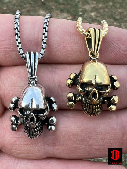 Fine 925 Silver Goth Skull & Cross Bones Death Pendant Necklace Gold Biker