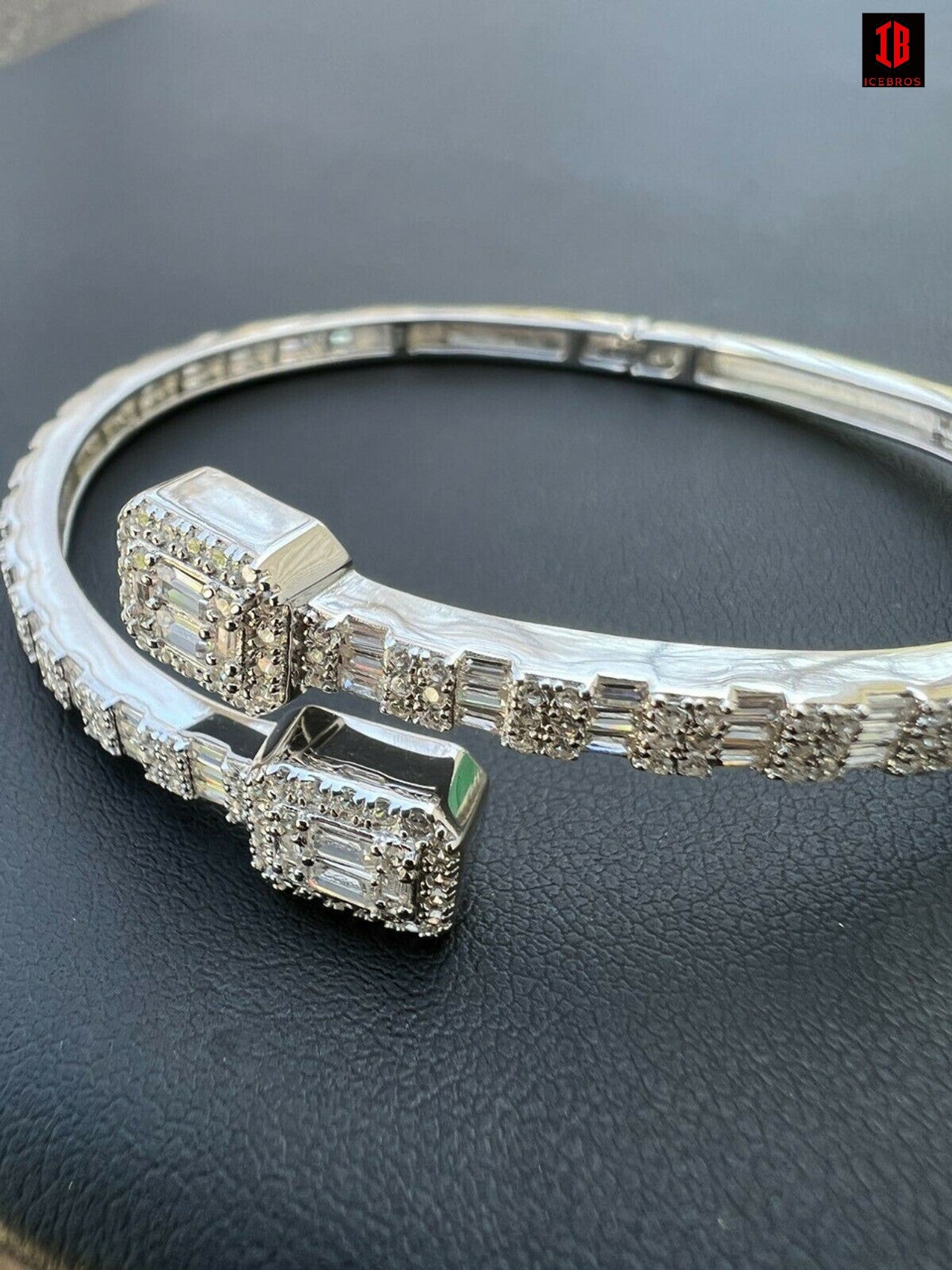 Real Solid 925 Silver Iced Baguette Bangle Cuff Bracelet 6-7.5" Man Made Diamond