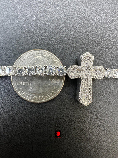 Real Solid 925 Silver Iced CZ Cross Shape Tennis Bracelet Mens Ladies Hip Hop