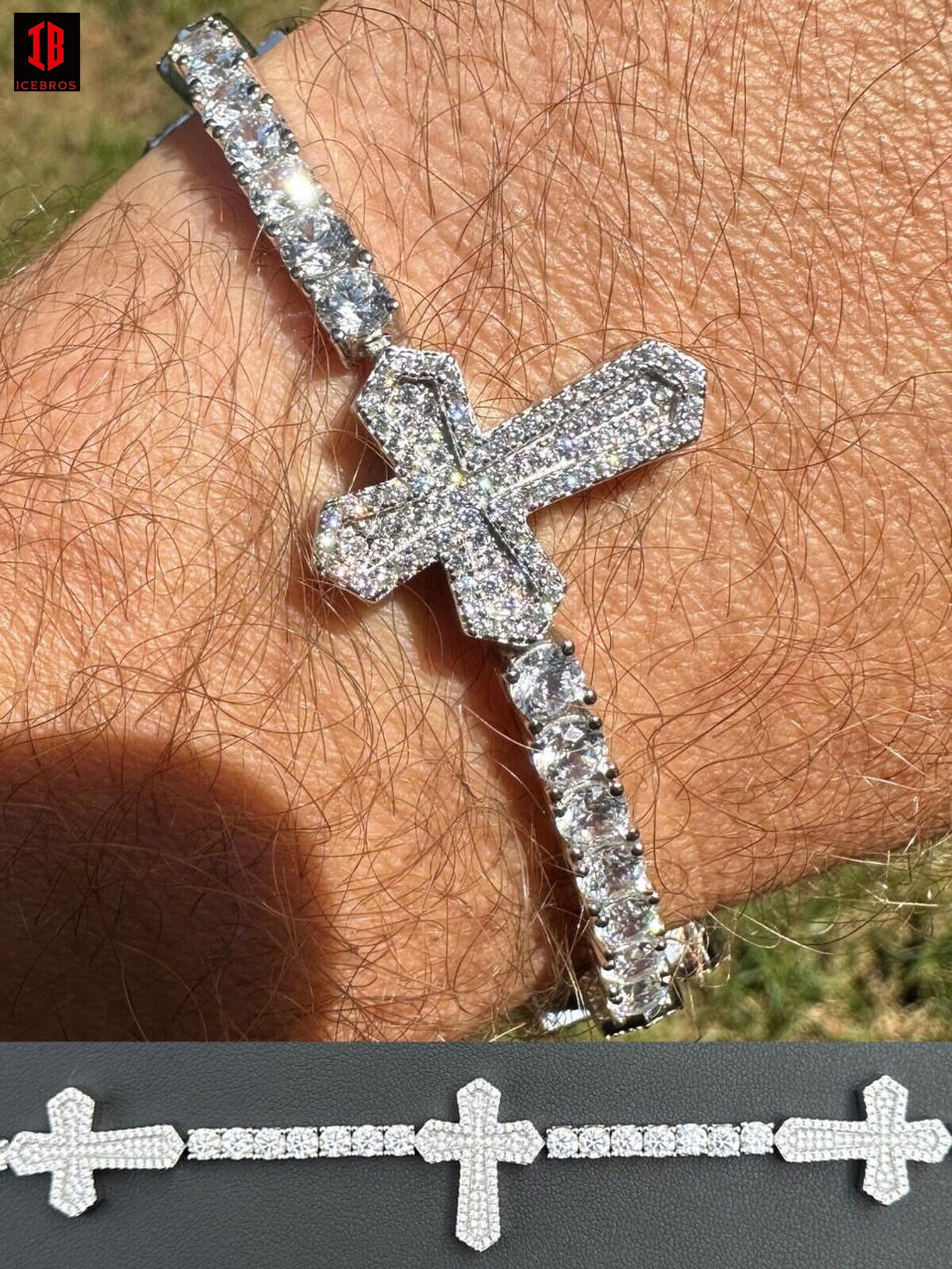 Moissanite Iced Cross Shape Tennis Bracelet Mens Ladies Hip Hop Real 925 Silver