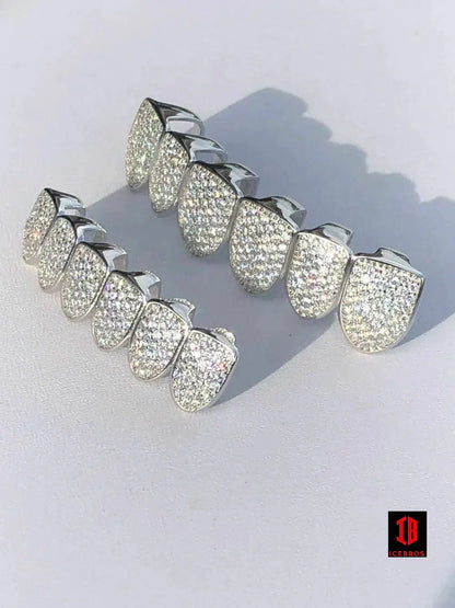 White Gold Over Fine SOLID 925 Silver CZ Diamond GRILLZ Teeth Top Bottom Hip Hop