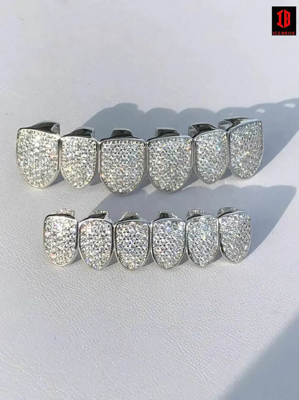 White Gold Over Fine SOLID 925 Silver CZ Diamond GRILLZ Teeth Top Bottom Hip Hop