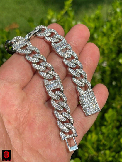 WHITE GOLD Real Solid 925 Silver Mens Miami Cuban Iced Gucci Link Bracelet Baguette Diamond