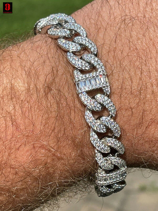 WHITE GOLD Real Solid 925 Silver Mens Miami Cuban Iced Gucci Link Bracelet Baguette Diamond