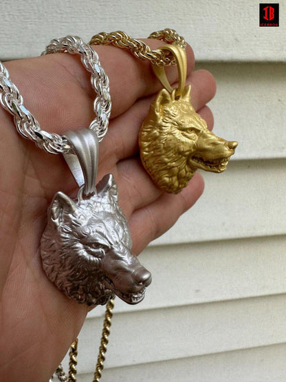 Real Solid 925 Sterling Silver / 14k Gold Wolf Head High Detailed Pendant Matte