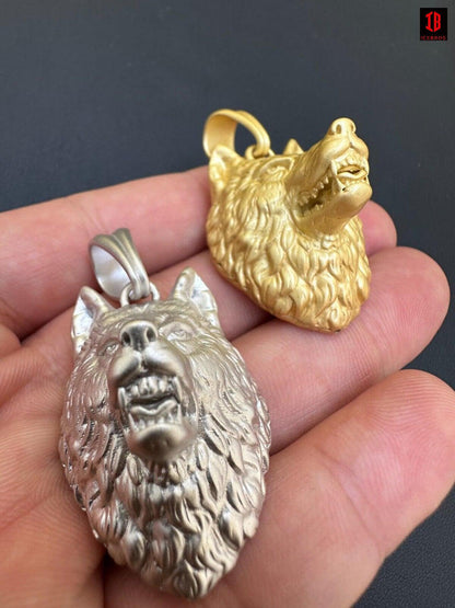 Real Solid 925 Sterling Silver / 14k Gold Wolf Head High Detailed Pendant Matte