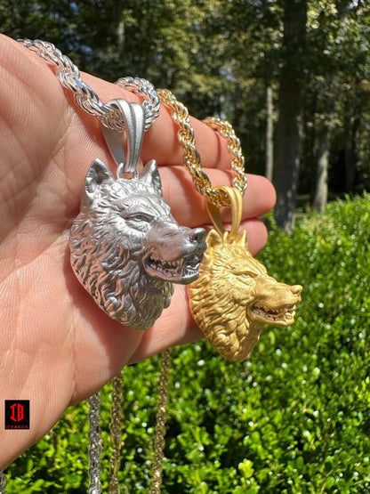 Real Solid 925 Sterling Silver / 14k Gold Wolf Head High Detailed Pendant Matte