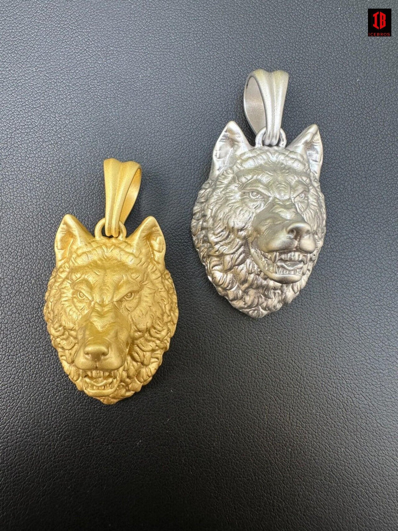 Real Solid 925 Sterling Silver / 14k Gold Wolf Head High Detailed Pendant Matte