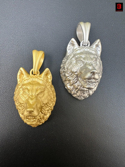 Real Solid 925 Sterling Silver / 14k Gold Wolf Head High Detailed Pendant Matte