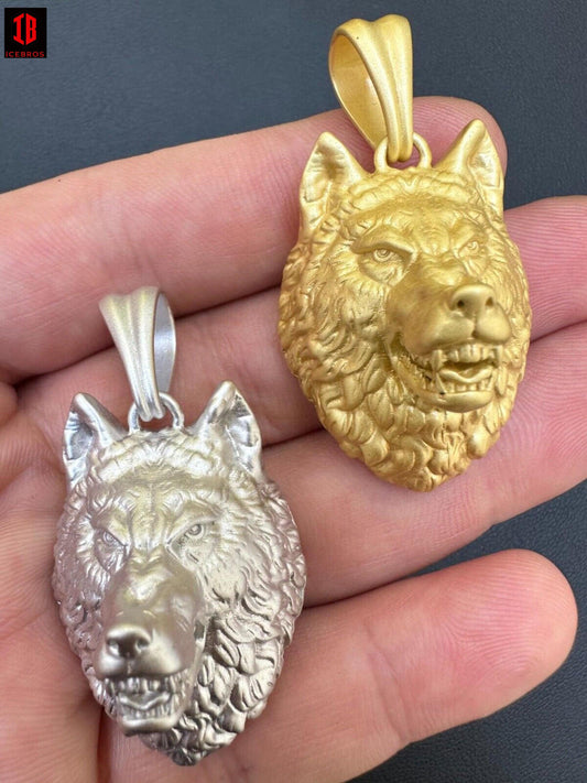 Real Solid 925 Sterling Silver / 14k Gold Wolf Head High Detailed Pendant Matte