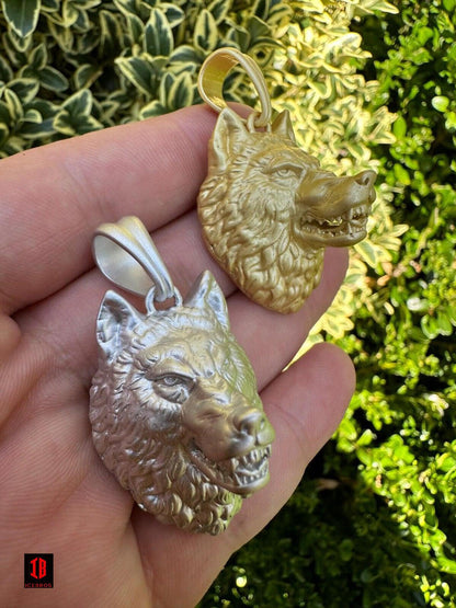 Real Solid 925 Sterling Silver / 14k Gold Wolf Head High Detailed Pendant Matte