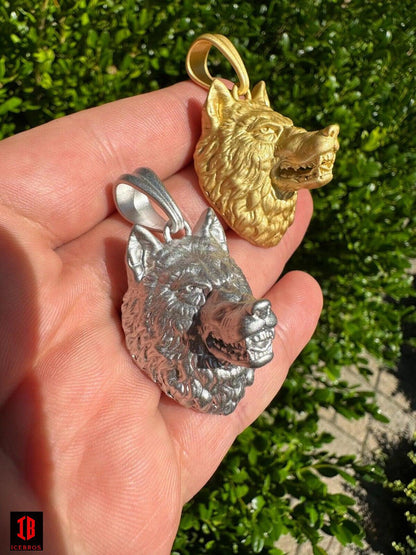 Real Solid 925 Sterling Silver / 14k Gold Wolf Head High Detailed Pendant Matte