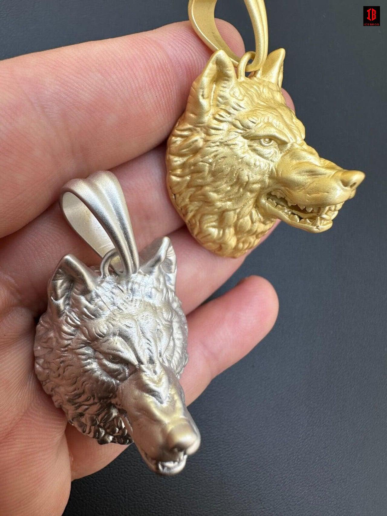 Real Solid 925 Sterling Silver / 14k Gold Wolf Head High Detailed Pendant Matte