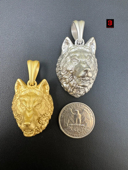 Real Solid 925 Sterling Silver / 14k Gold Wolf Head High Detailed Pendant Matte