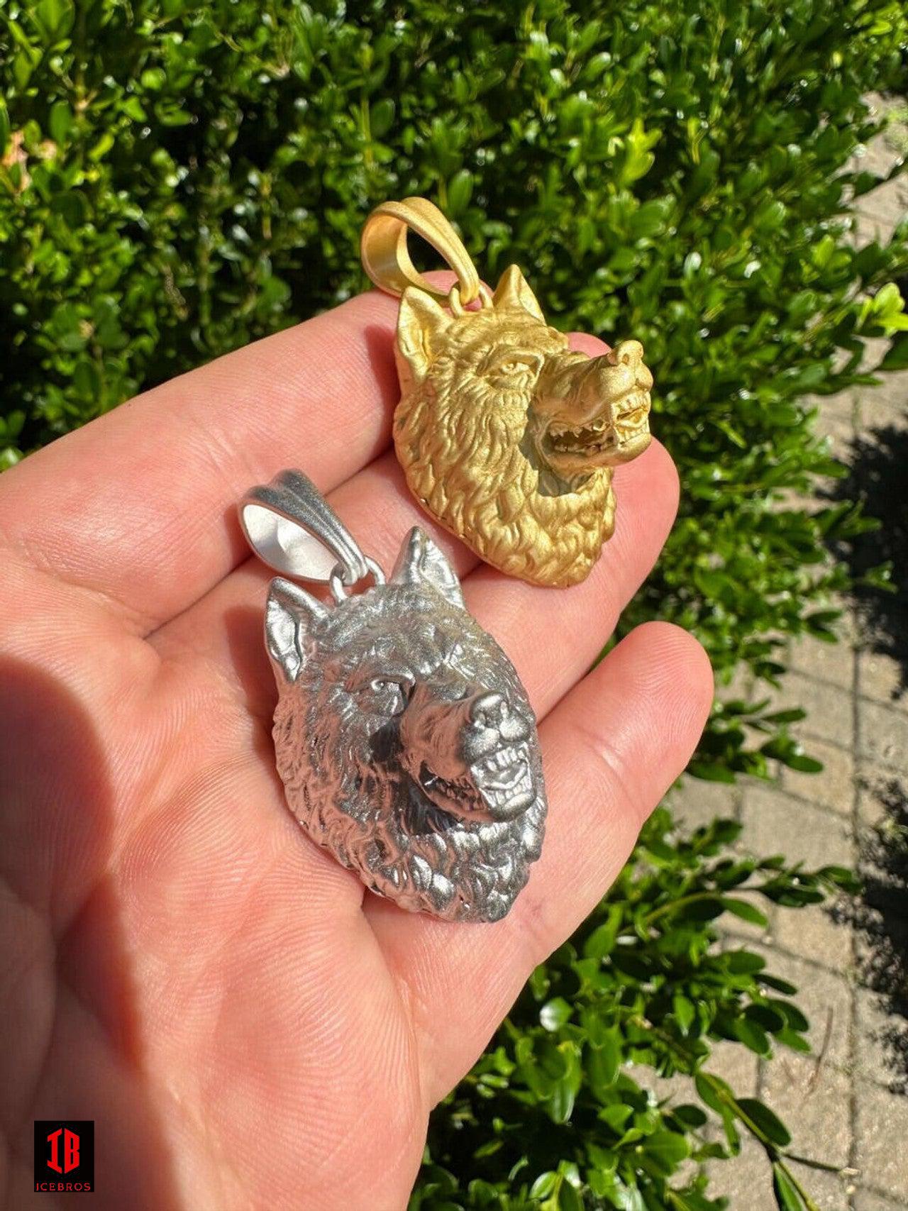 Real Solid 925 Sterling Silver / 14k Gold Wolf Head High Detailed Pendant Matte