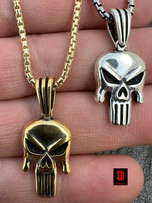 Solid 925 Sterling Silver 14k Gold Punisher Skull Pendant Necklace Biker