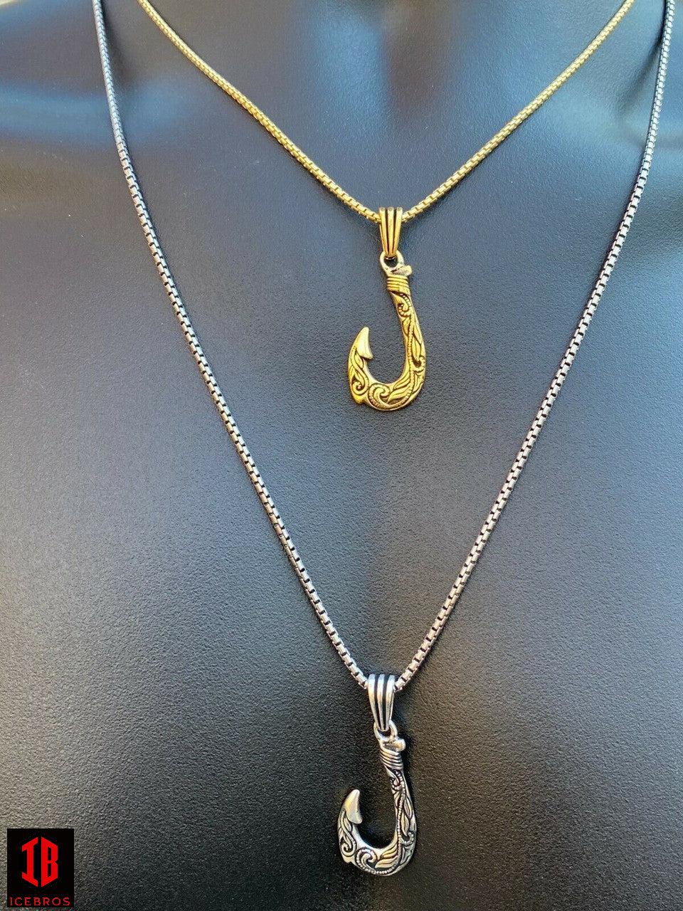 Fine 925 Sterling Silver Hawaiian Fishing Rod Hook Large Men Necklace Gold