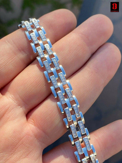 Real Solid 925 Sterling Silver Iced Hip Hop Mens Presidential Link Bracelet 12mm