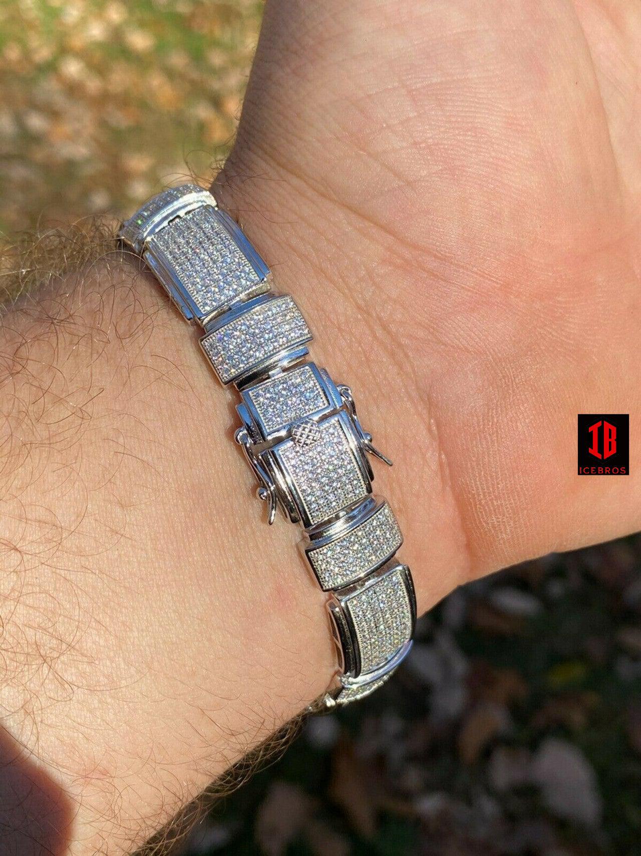 WHITE GOLD Mens Real Solid 925 Sterling Silver Iced HipHop Custom Flooded Out Bracelet 12mm