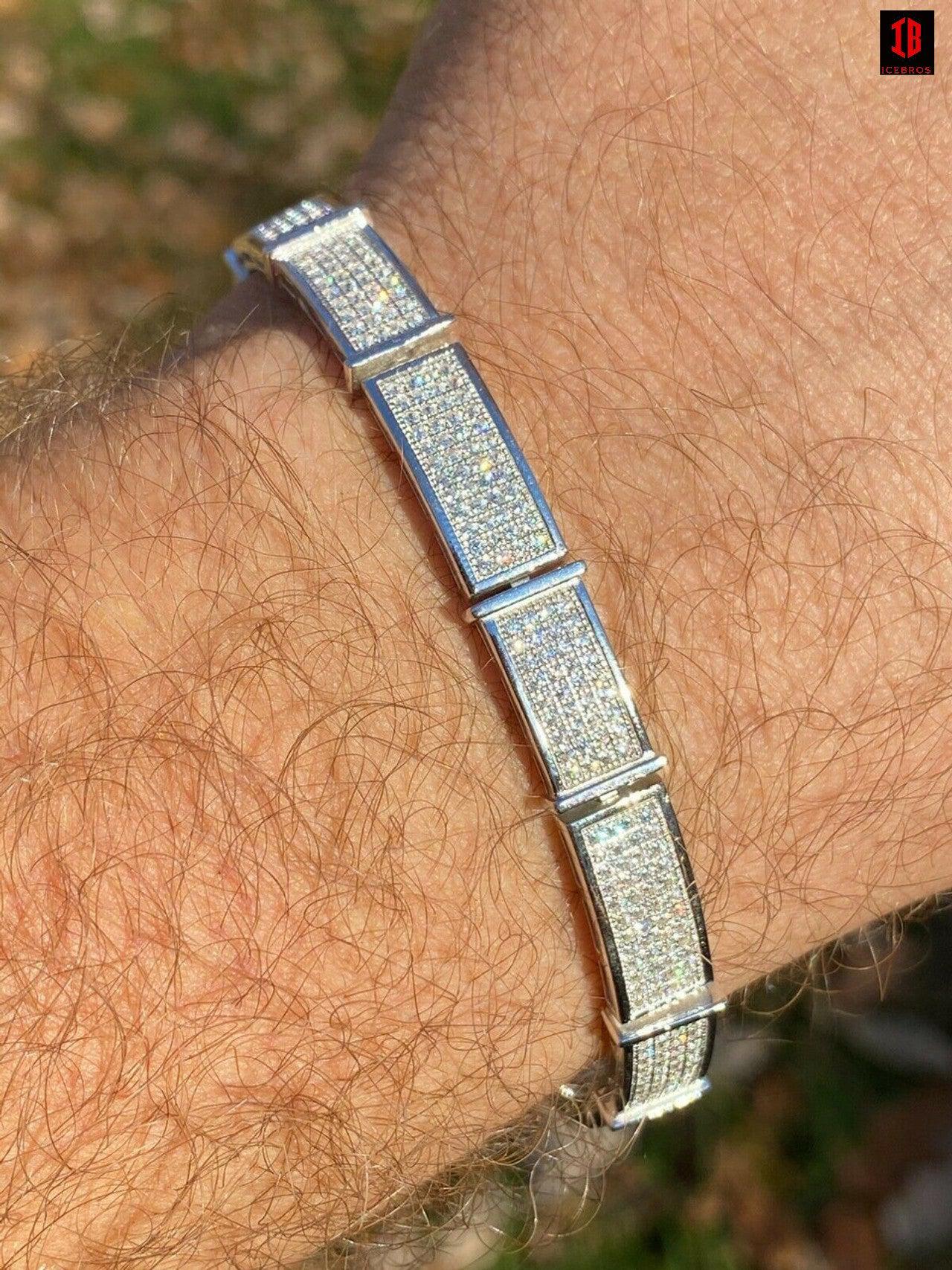 RHODIUM Gold Over Solid 925 Sterling Silver Mens Iced Flooded Out Bracelet Diamond