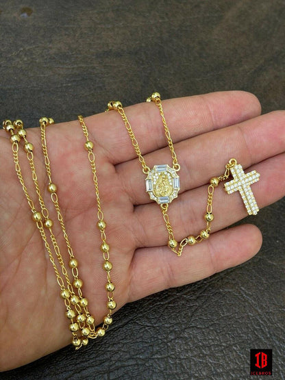 Rosary Beads Necklace Gold & Real 925 Silver Rosario Iced Baguette Stones