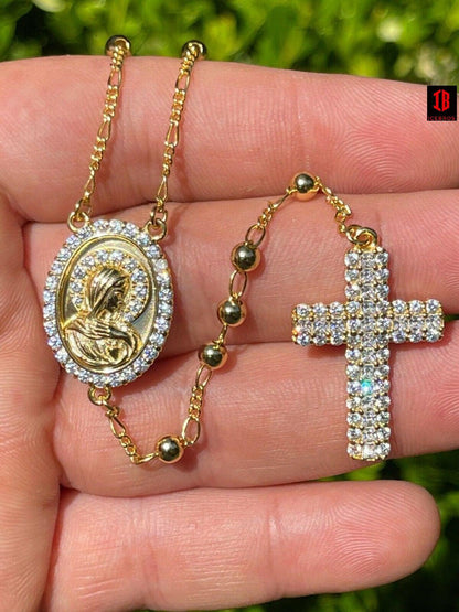 Rosary Beads Necklace Gold & Real 925 Sterling Silver Rosario cross mary