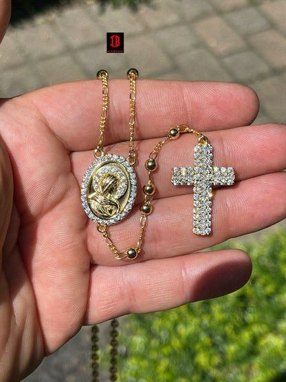 Rosary Beads Necklace Gold & Real 925 Sterling Silver Rosario cross mary