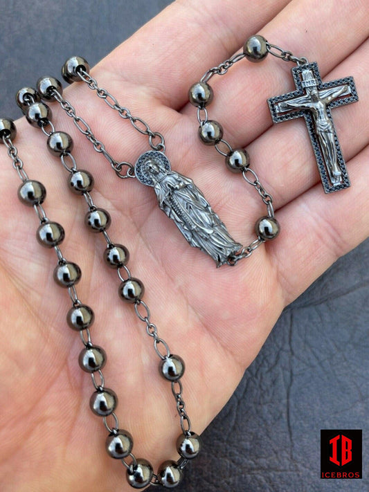 Rosary Beads Black Silver Rosario Jesus Virgin Mary Black Diamond