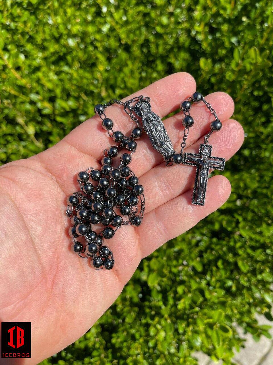 Rosary Beads Black Silver Rosario Jesus Virgin Mary Black Diamond
