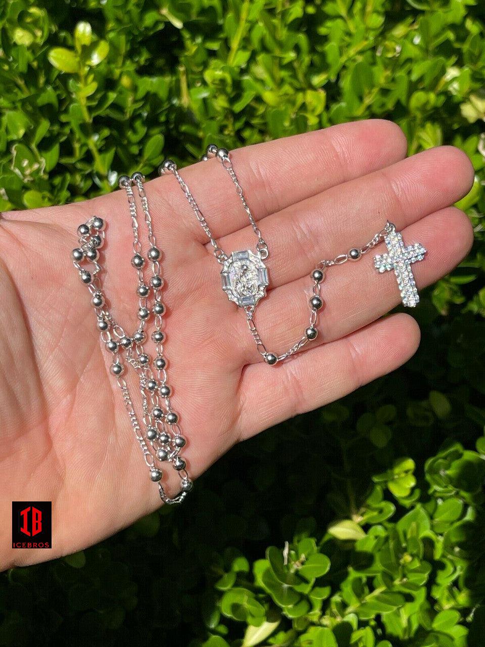 Rosary Beads Necklace Gold & Real 925 Silver Rosario Iced Baguette Stones