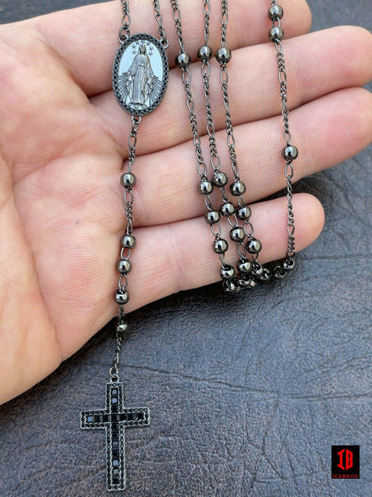 Rosary Beads Black baguette Solid 925 Silver Oxidized Rosario Black Diamond Iced