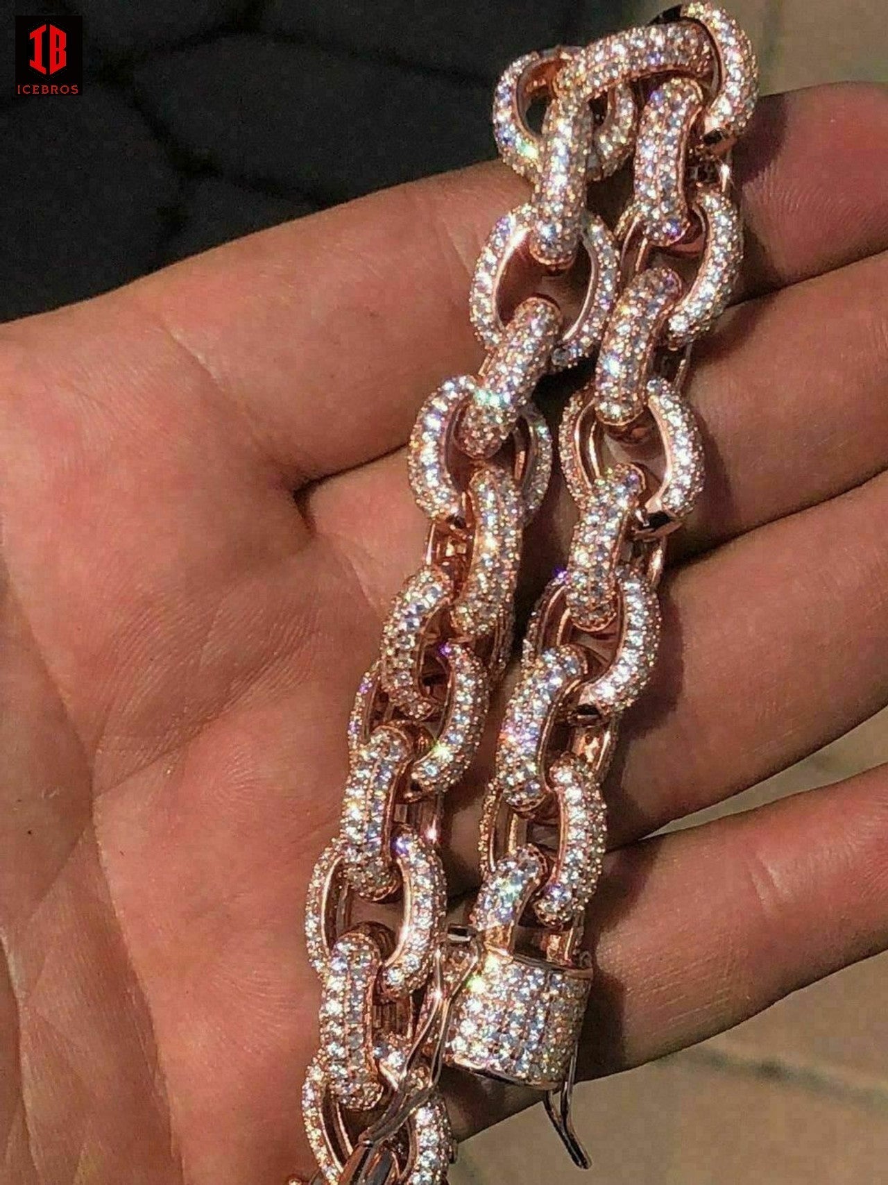 Solid 925 Sterling Silver Mens Thick Heavy Rolo Chain Iced CZ HANDMADE Diamonds Flooded Out (ROSE GOLD)