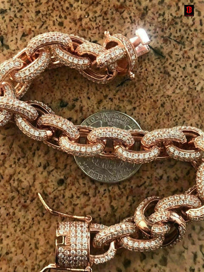 Solid 925 Sterling Silver Mens Thick Heavy Rolo Chain Iced CZ HANDMADE Diamonds Flooded Out (ROSE GOLD)