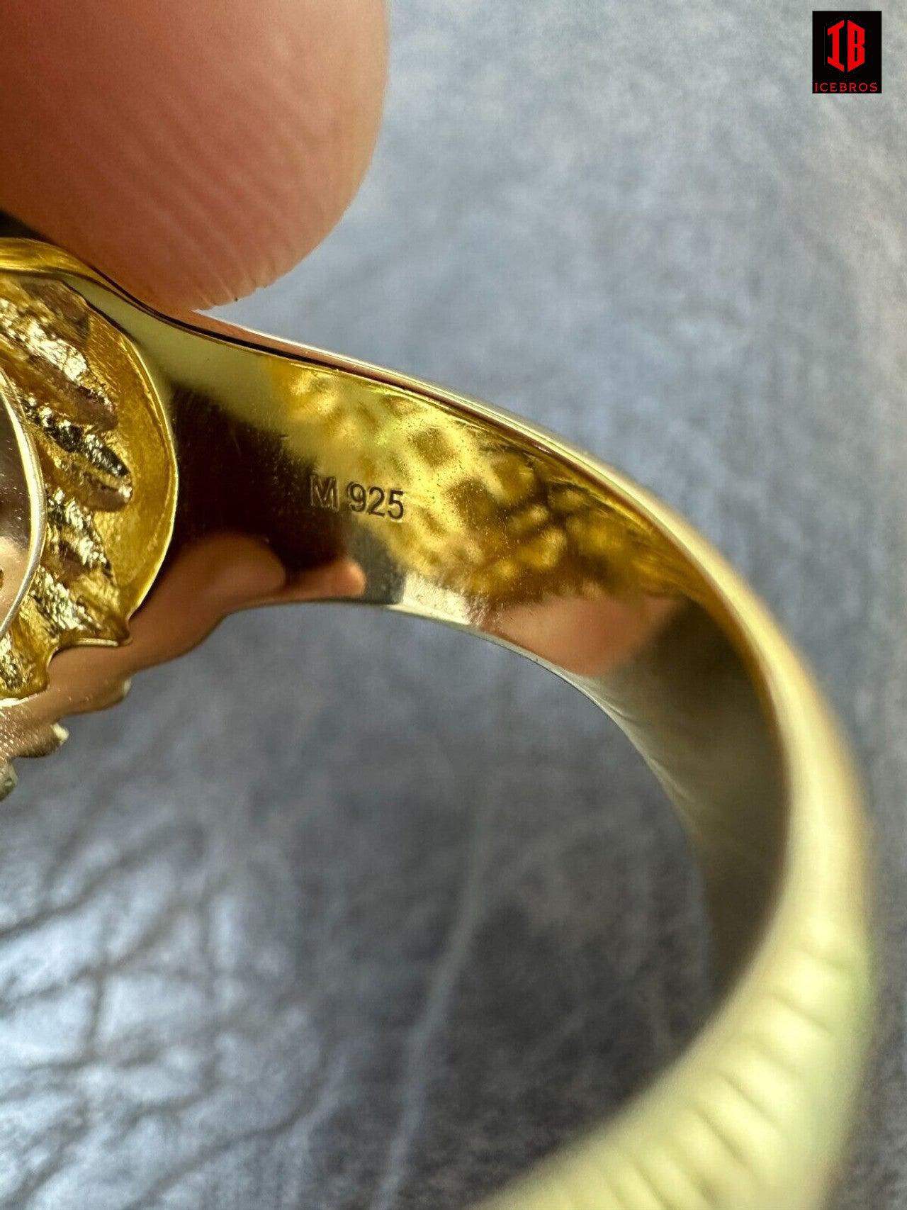 Lion W. Moissanite Baguette Crown 3D Mens Ring - 14k Gold Over Real 925 Silver