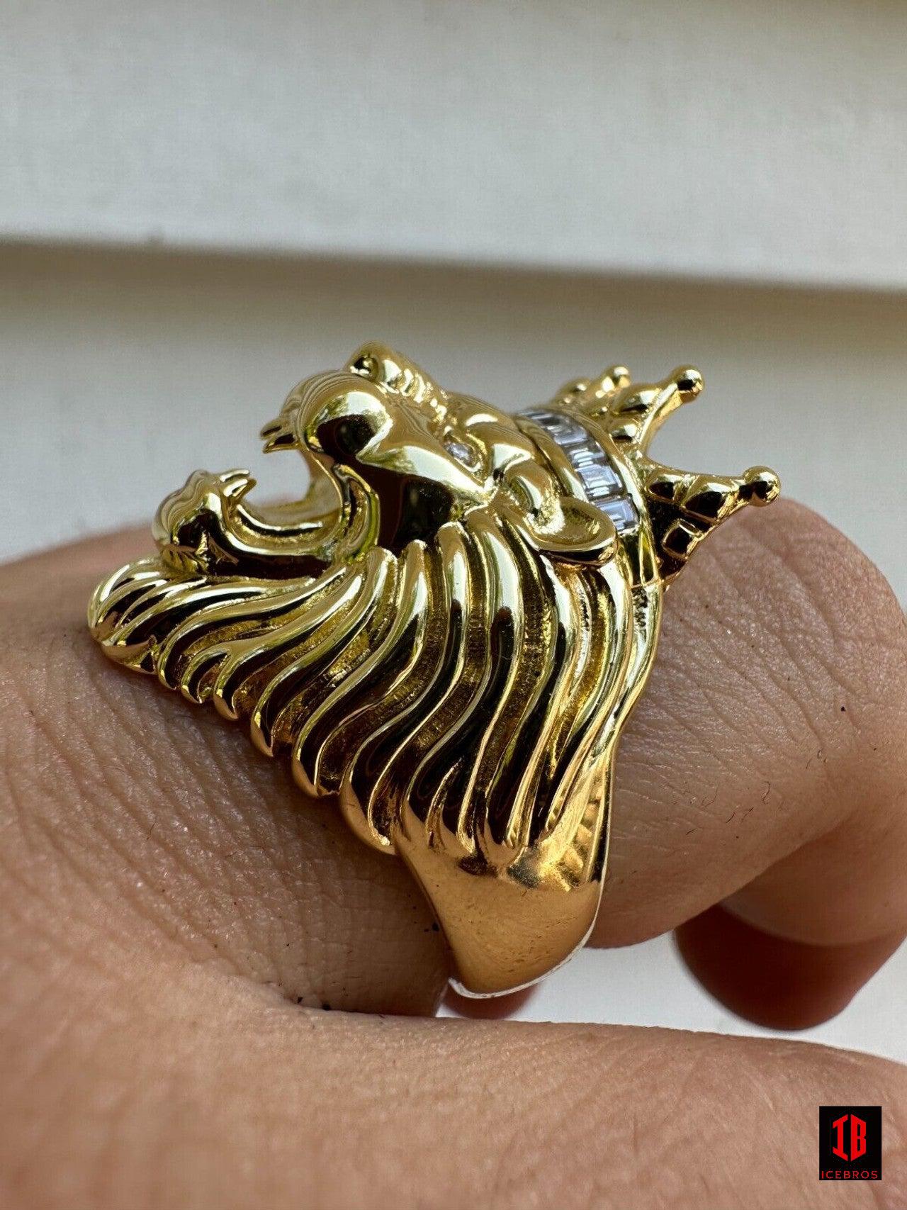 Lion W. Moissanite Baguette Crown 3D Mens Ring - 14k Gold Over Real 925 Silver