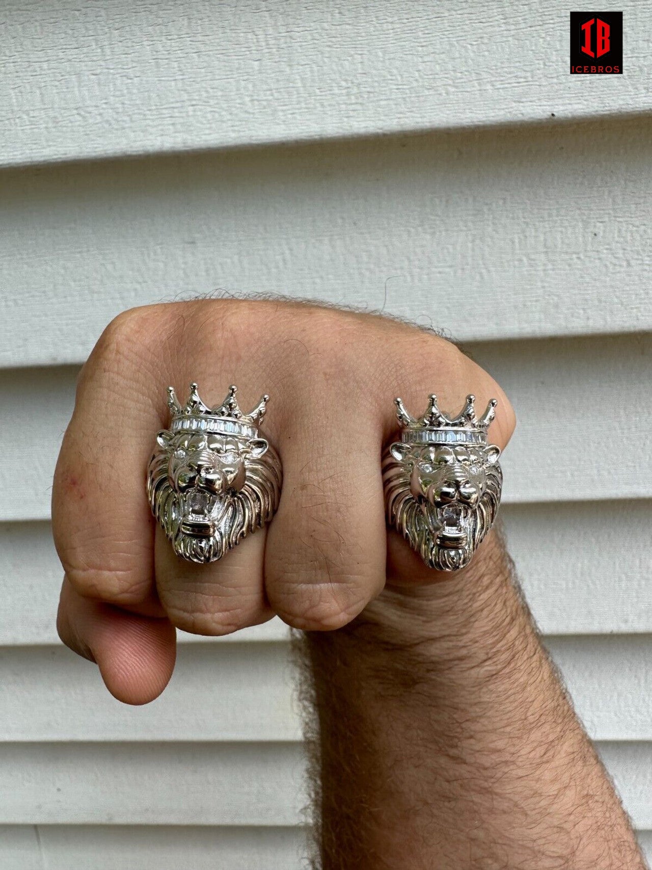 Lion W. Moissanite Baguette Crown 3D Mens Ring - 14k Gold Over Real 925 Silver
