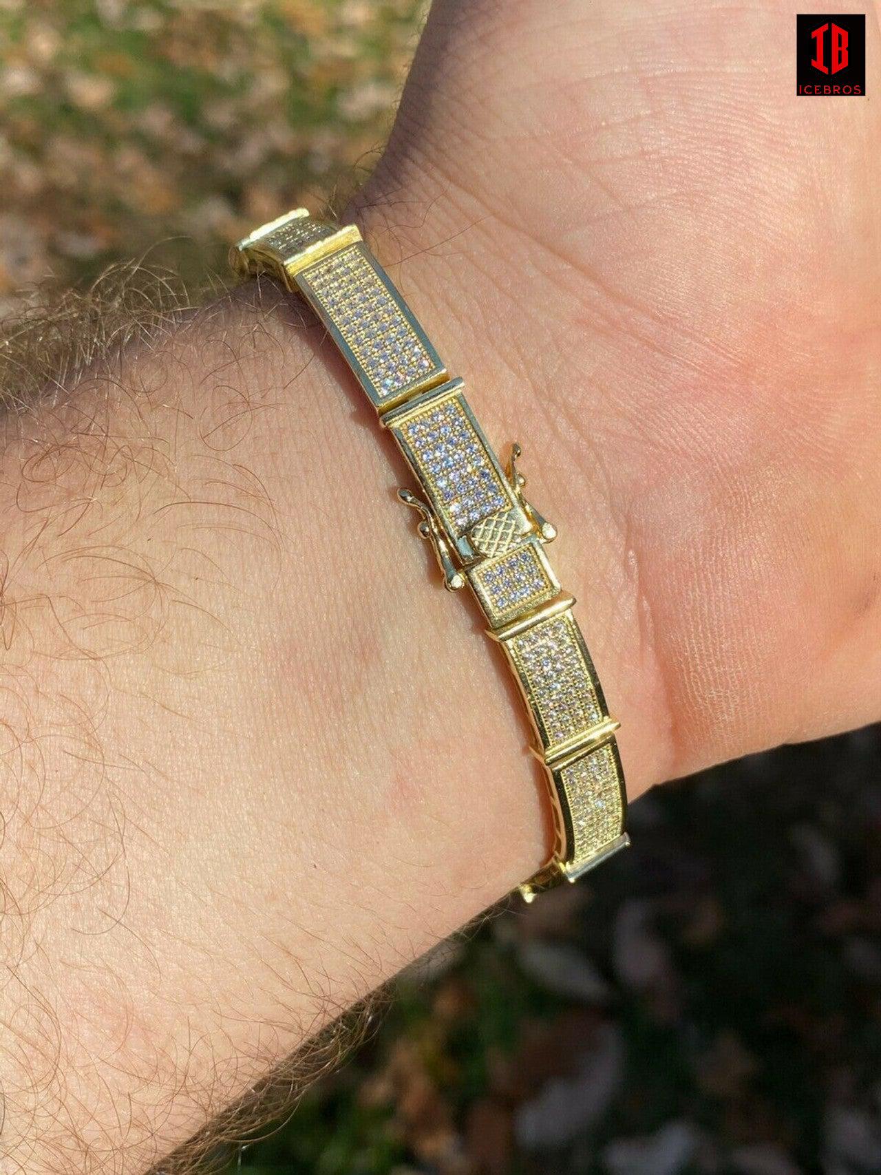 14k Gold Over Solid 925 Sterling Silver Mens Iced Flooded Out Bracelet Diamond