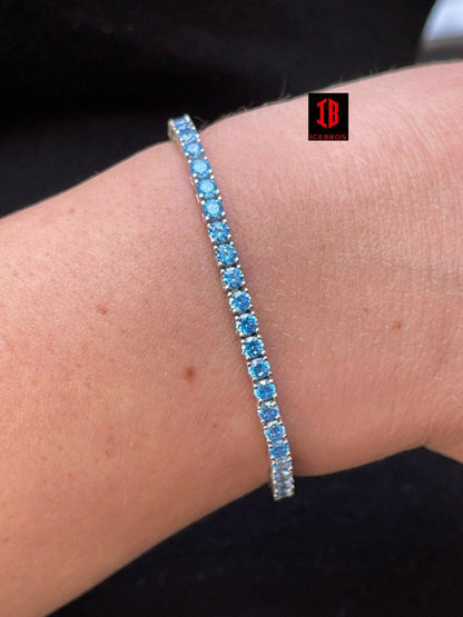 3mm Tennis Bracelet Real 925 Sterling Silver Aquamarine Blue Sapphire Diamond